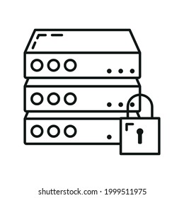 Remote computer server data exchange cloud icon protect database storage, technology information outline flat vector illustration, isolated on white. Concept web tool security backup information.