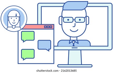 Remote comunication app for computer. Distance chatting, internet video call chat with friends. Program for virtual communication, teamwork. Man during online meeting and chatting in messenger