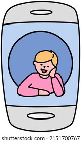 Remote comunication app for smartphone. Distance chatting, internet video call chat. Virtual online communication phone application design. Man during video conference meeting vector illustration
