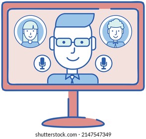 Remote comunication program for computer. Distance chatting, internet video call chat with friends. Virtual communication concept. Man during video conference meeting, online broadcast on monitor