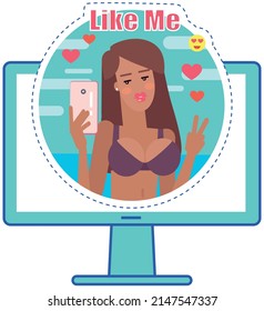 Remote comunication program on monitor. Distance relationship, internet video call chat with girlfriend. Website for virtual dating and communication. Lovely girl during video meeting on screen