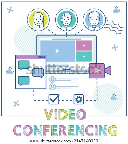Remote comunication program on monitor. Distance chatting, learning and meeting online via teleconference. Virtual conference, working on social media. Video meeting, work from home concept