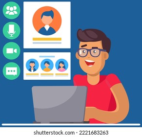 Remote comunication, virtual meeting concept. Distance chatting, internet video call at work. Program for virtual communication, teamwork. Male employee during video meeting, business conference