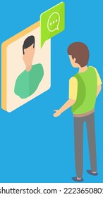 Remote comunication, virtual meeting. Distance chatting, internet video call at work. Program for virtual communication, teamwork. Man talking with friend during video meeting, business conference