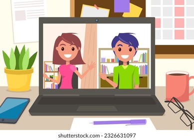 Fernkommunikation, virtuelle Sitzung. Fernchatten, Internet-Videoanruf. Programm für virtuelle Kommunikation, Teamarbeit. Junge und Mädchen, die Laptop verwenden, sprechen mit Freunden während der Videokonferenz