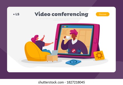 Remote Conference Internet Technologies Landing Page Template. Characters Sitting at Office or Home with Digital Devices Take Part in Online Meeting or Briefing. Cartoon People Vector Illustration