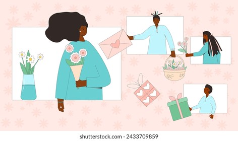 Remote congratulation Mother's day greeting card. Family with flowers bouquet and gifts. Spring happy holiday banner. Festive celebration. Vector flat illustration.