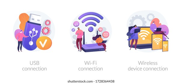 Dispositivos conectados remotamente. Roteador de Internet sem fio, modem, dispositivo de armazenamento de dados. Conexão USB, metáforas de conexão do dispositivo à distância Wi-Fi. Ilustrações de metáfora de conceito isolado vetorial.