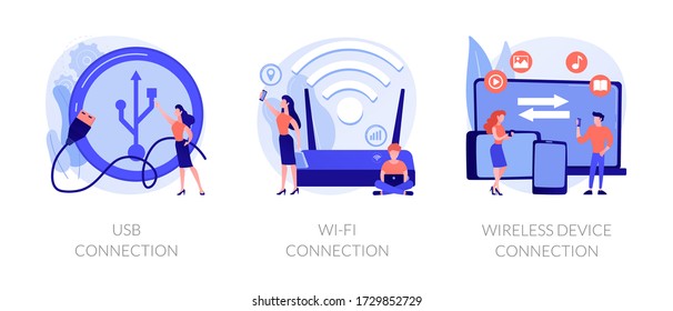 Remote connected devices. Wireless Internet router, modem, data storage device. USB connection, Wi-Fi connection, distance device connection metaphors. Vector isolated concept metaphor illustrations.