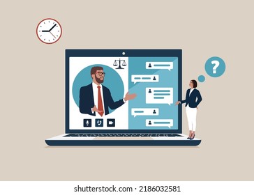 Remote Consulting. Businesswoman Uses Laptop For Consulting With Attorney. Video Call, Digital Talk With Lawyer Online. Legal Advice Services. Online Legal Advice. Flat Vector Illustration