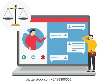 Remote consulting. Businesswoman uses laptop for consulting with attorney. Video call, digital talk with lawyer online. Legal advice services. Online legal advice. Flat vector illustration

