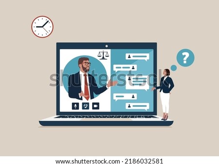 Remote consulting. Businesswoman uses laptop for consulting with attorney. Video call, digital talk with lawyer online. Legal advice services. Online legal advice. Flat vector illustration