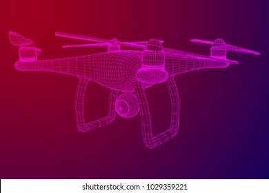 Remote control air drone. Dron flying with action video camera. Wireframe low poly mesh vector illustration