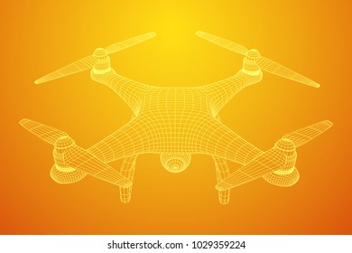 Remote control air drone. Dron flying with action video camera. Wireframe low poly mesh vector illustration