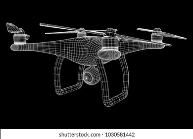 Control remoto del aire drone. Dron volando con cámara de video de acción. Ilustración vectorial de malla baja del bastidor de alambres