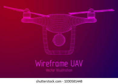 Remote control air drone. Dron flying with action video camera. Wireframe low poly mesh vector illustration
