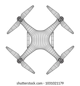 Remote control air drone. Dron flying with action video camera. Wireframe low poly mesh vector illustration