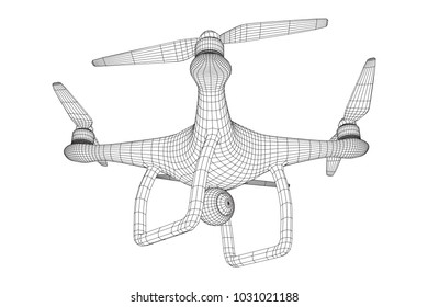 Remote control air drone. Dron flying with action video camera. Wireframe low poly mesh vector illustration