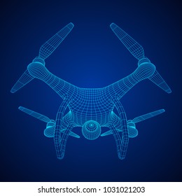 Remote control air drone. Dron flying with action video camera. Wireframe low poly mesh vector illustration