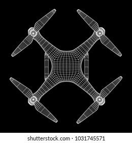 Remote control air drone. Dron flying with action video camera. Wireframe low poly mesh vector illustration