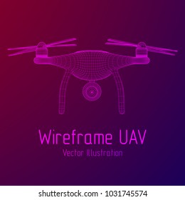 Remote control air drone. Dron flying with action video camera. Wireframe low poly mesh vector illustration