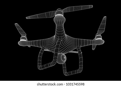 Remote control air drone. Dron flying with action video camera. Wireframe low poly mesh vector illustration