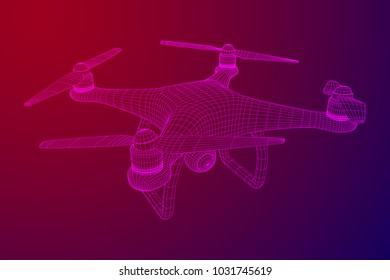 Remote control air drone. Dron flying with action video camera. Wireframe low poly mesh vector illustration