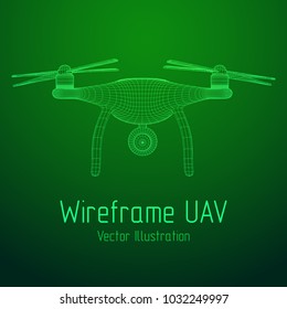 Remote control air drone. Dron flying with action video camera. Wireframe low poly mesh vector illustration