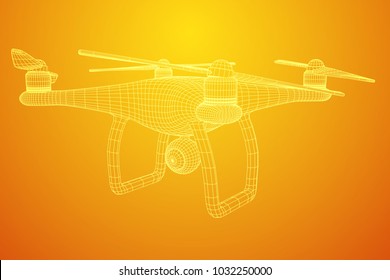 Remote control air drone. Dron flying with action video camera. Wireframe low poly mesh vector illustration