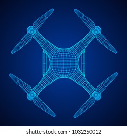 Remote control air drone. Dron flying with action video camera. Wireframe low poly mesh vector illustration