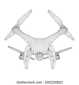 Remote control air drone. Dron flying with action video camera. Wireframe low poly mesh vector illustration