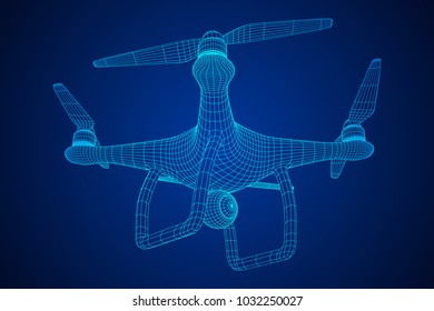 Remote control air drone. Dron flying with action video camera. Wireframe low poly mesh vector illustration