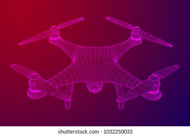 Remote control air drone. Dron flying with action video camera. Wireframe low poly mesh vector illustration