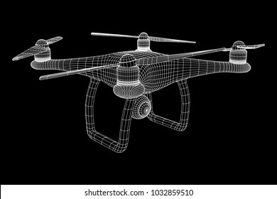 Remote control air drone. Dron flying with action video camera. Wireframe low poly mesh vector illustration