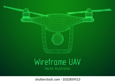 Remote control air drone. Dron flying with action video camera. Wireframe low poly mesh vector illustration