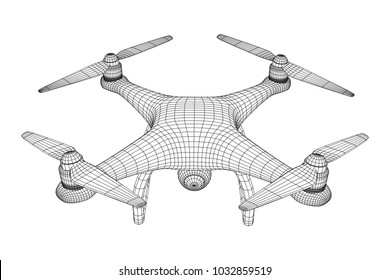 Remote control air drone. Dron flying with action video camera. Wireframe low poly mesh vector illustration