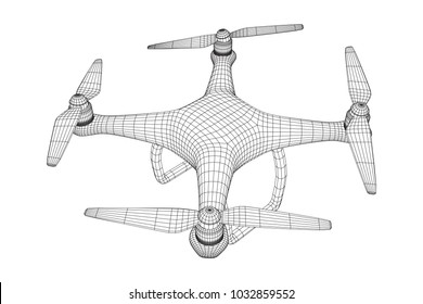 Remote control air drone. Dron flying with action video camera. Wireframe low poly mesh vector illustration