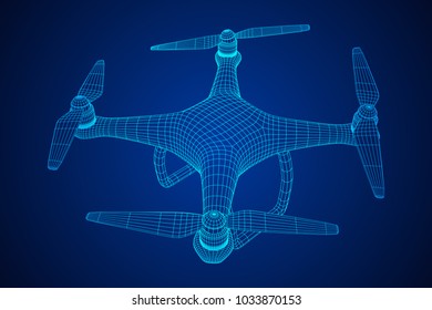 Remote control air drone. Dron flying with action video camera. Wireframe low poly mesh vector illustration