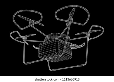 Remote control air drone. Dron flying with action video camera. Wireframe low poly mesh vector illustration