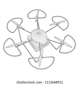 Remote control air drone. Dron flying with action video camera. Wireframe low poly mesh vector illustration