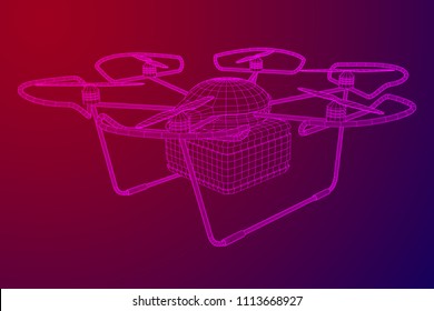 Remote control air drone. Dron flying with action video camera. Wireframe low poly mesh vector illustration