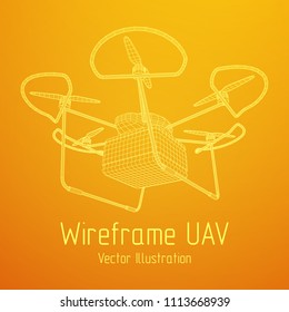 Remote control air drone. Dron flying with action video camera. Wireframe low poly mesh vector illustration