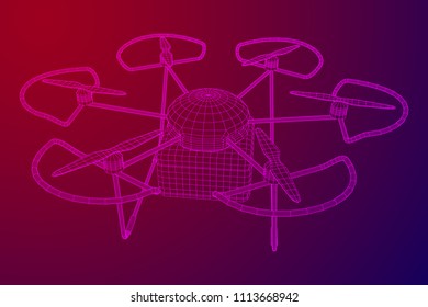 Remote control air drone. Dron flying with action video camera. Wireframe low poly mesh vector illustration