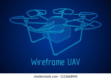 Remote control air drone. Dron flying with action video camera. Wireframe low poly mesh vector illustration