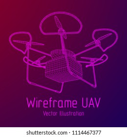 Remote control air drone. Dron flying with action video camera. Wireframe low poly mesh vector illustration