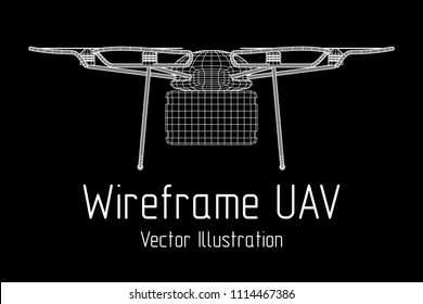 Remote control air drone. Dron flying with action video camera. Wireframe low poly mesh vector illustration