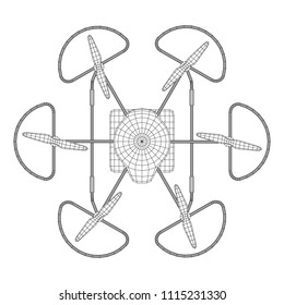Remote control air drone. Dron flying with action video camera. Wireframe low poly mesh vector illustration