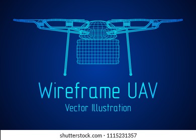 Remote control air drone. Dron flying with action video camera. Wireframe low poly mesh vector illustration
