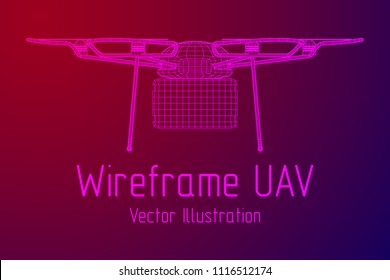 Remote control air drone. Dron flying with cargo box. Wireframe low poly mesh vector illustration