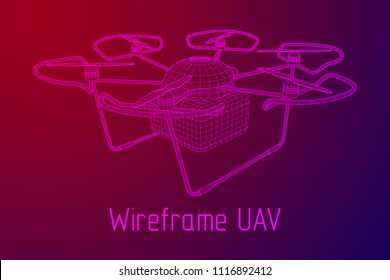 Remote control air drone. Dron flying with cargo box. Wireframe low poly mesh vector illustration